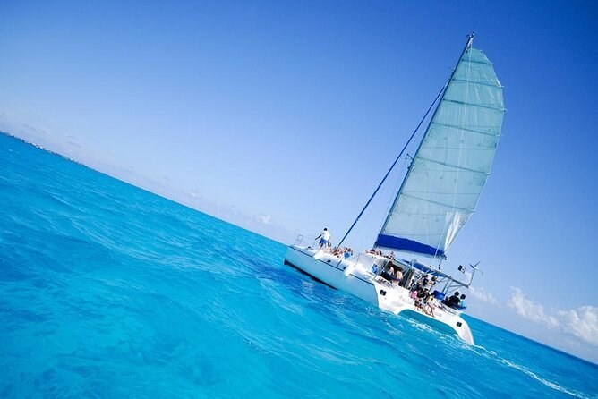A catamaran under sail on bright blue water