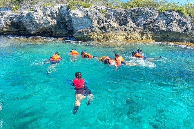 Snorkelers in turquoise water below a low limestone cliff